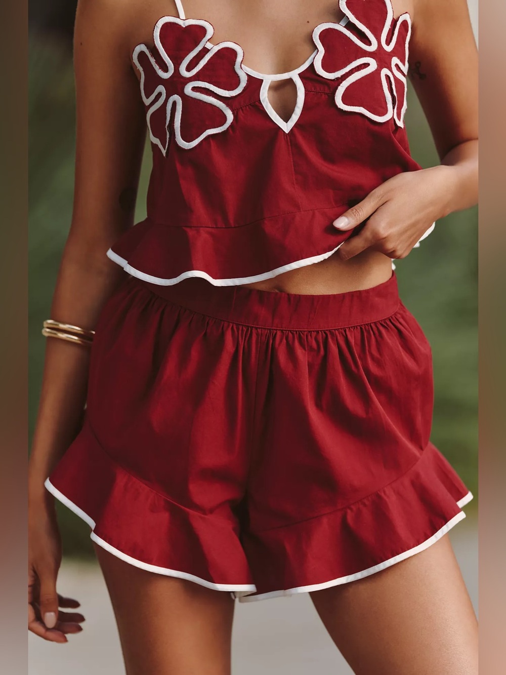 Anthropologie Red Ruffle Hem Shorts with White Trim